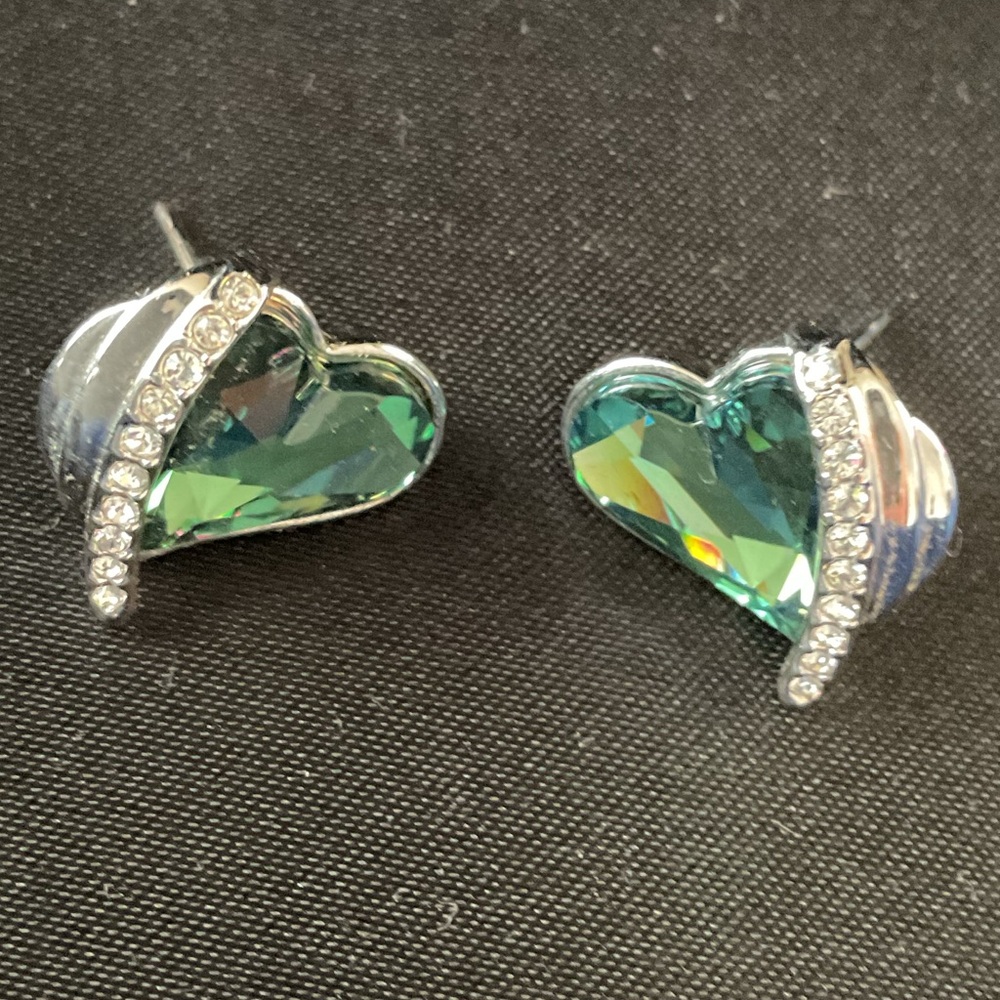 Swarovski Silver and Green Heart Earrings